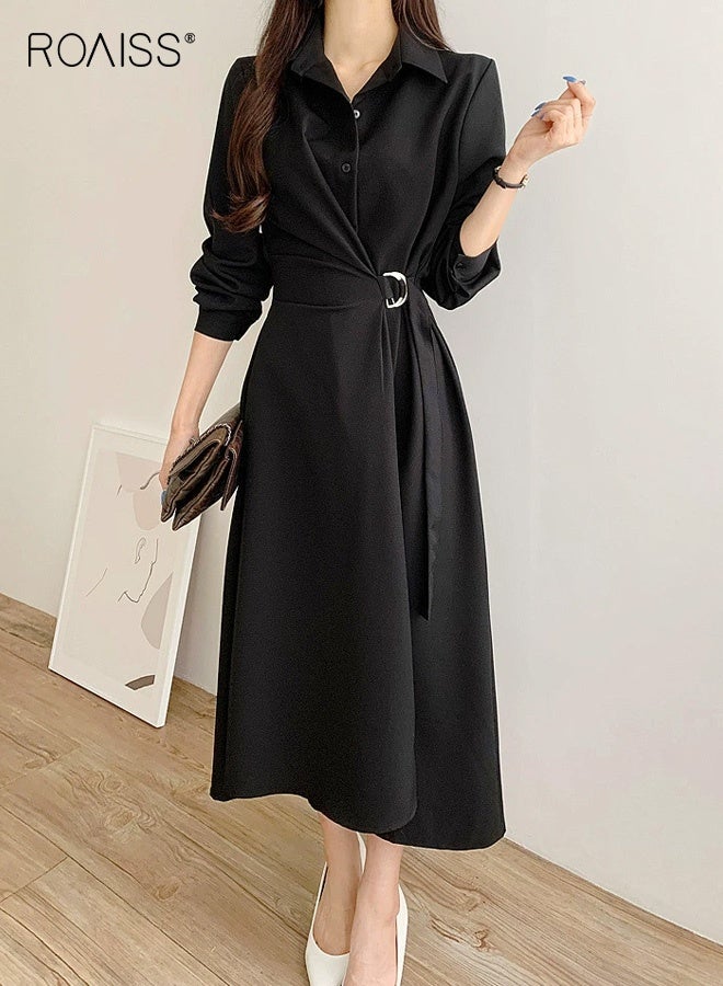 رويس فستان ميدي ملفوف بخصر عالٍ للنساء، فستان أنيق بأكمام طويلة وياقة قميص مع حزام، فستان معطف بسيط بتصميم A-Line يبرز جمال القوام مع تصميم يحدد الخصر، زي أنيق مناسب لفصل الخريف للعمل والمواعيد الرسمية، أسود - Image 2